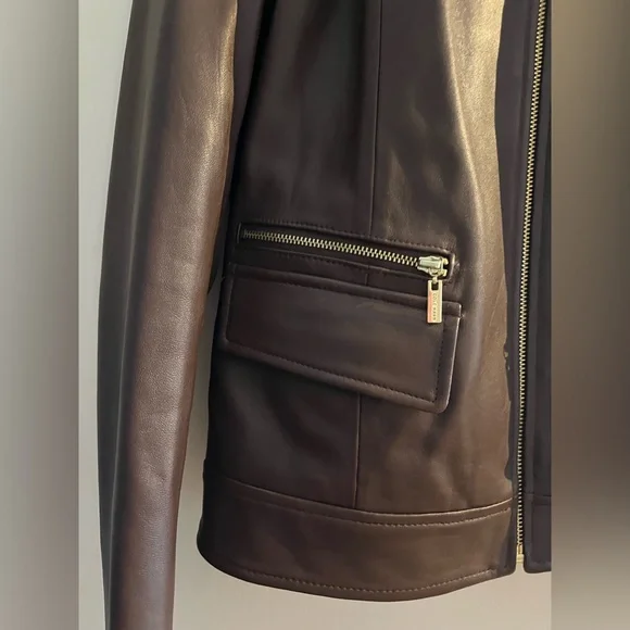 COLE HAAN Brown Leather Wing Collar Jacket Size S - Picture 2 of 5